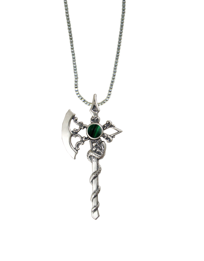 Sterling Silver Royal Battle Axe Pendant With Malachite